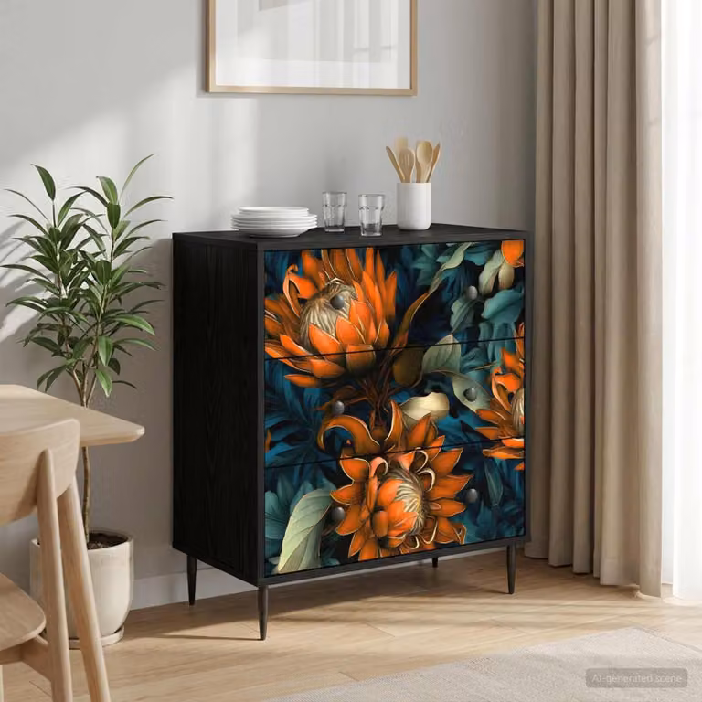 Cassettiera vidaXL LOCHEM con stampa astratta arancione, nera e multicolore, design moderno in MDF e metallo, L 66 cm x P 36,5 cm x H 76 cm