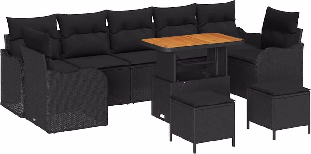 Set Divano da Giardino con cuscino 10 pcs Nero polyrattan