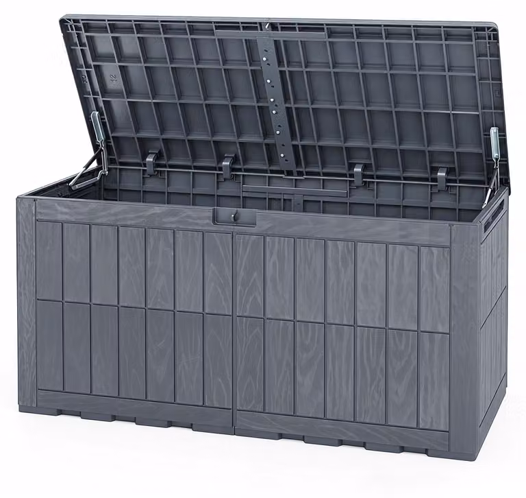 KOMFOTTEU - Contenitore resistente alle intemperie da 455 litri, scatola di stoccaggio con coperchio, dotata di ammortizzatori a gas e maniglie, 2-in-1: panchina da esterno e contenitore per cuscini, attrezzi da giardino e accessori per la piscina