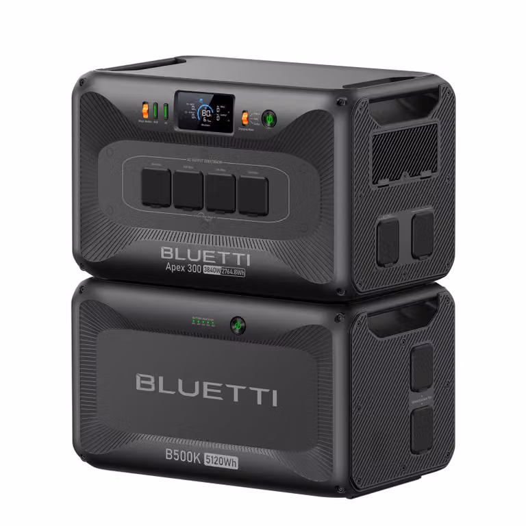 Generatore solare BLUETTI Apex 300 e B500K, batteria LFP da 2764,8 Wh con batteria di espansione da 5120 Wh per la casa, i camper e le emergenze