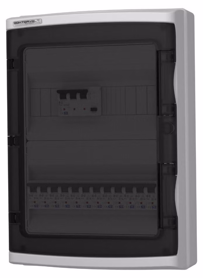 Pannello di distribuzione modulare HI-S/FI, con interruttori differenziali e magnetotermici, grado di protezione IP65, marca Doktorvolt, modello 9122