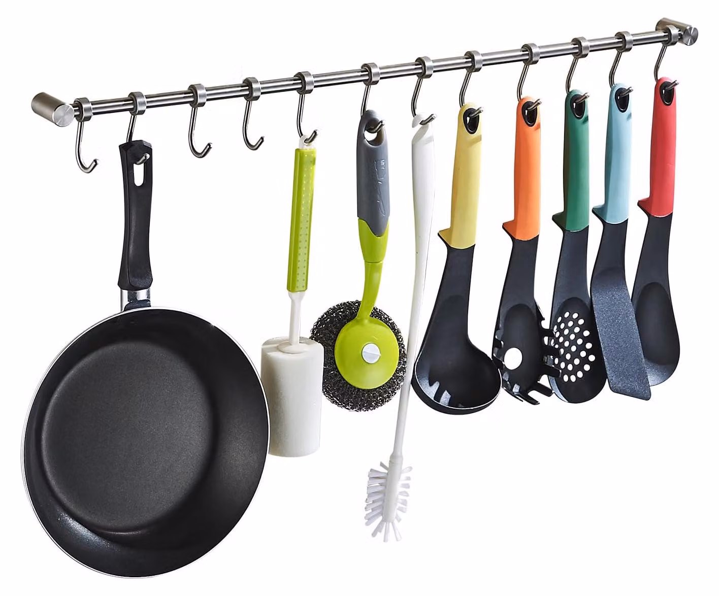 Mensola a parete per la cucina, con 12 ganci rimovibili, in acciaio inossidabile con finitura nichel satinato, lunghezza 60 cm