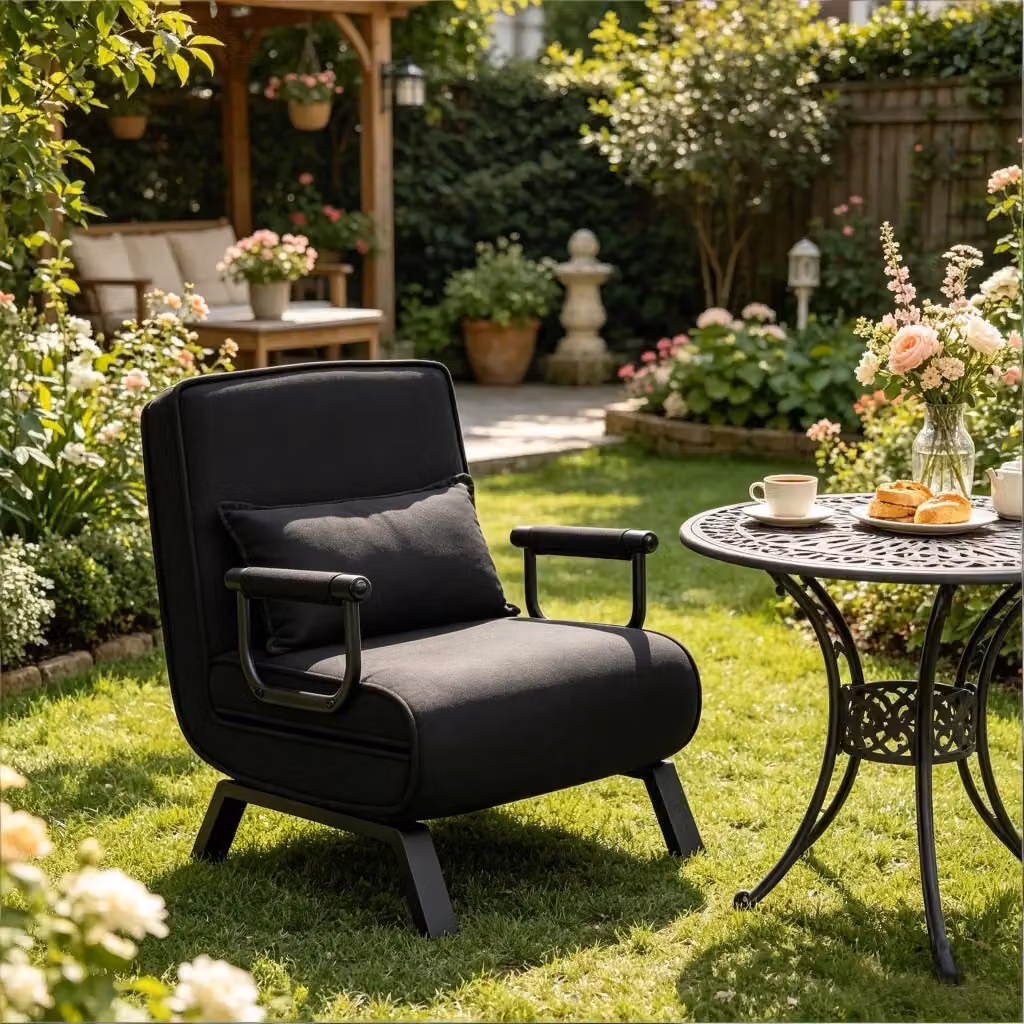 Poltrona convertibile 3 in 1 REDOM nera con braccioli in tessuto, schiuma e struttura in metallo L: 65 cm, P: 78 cm, H: 75 cm – 2