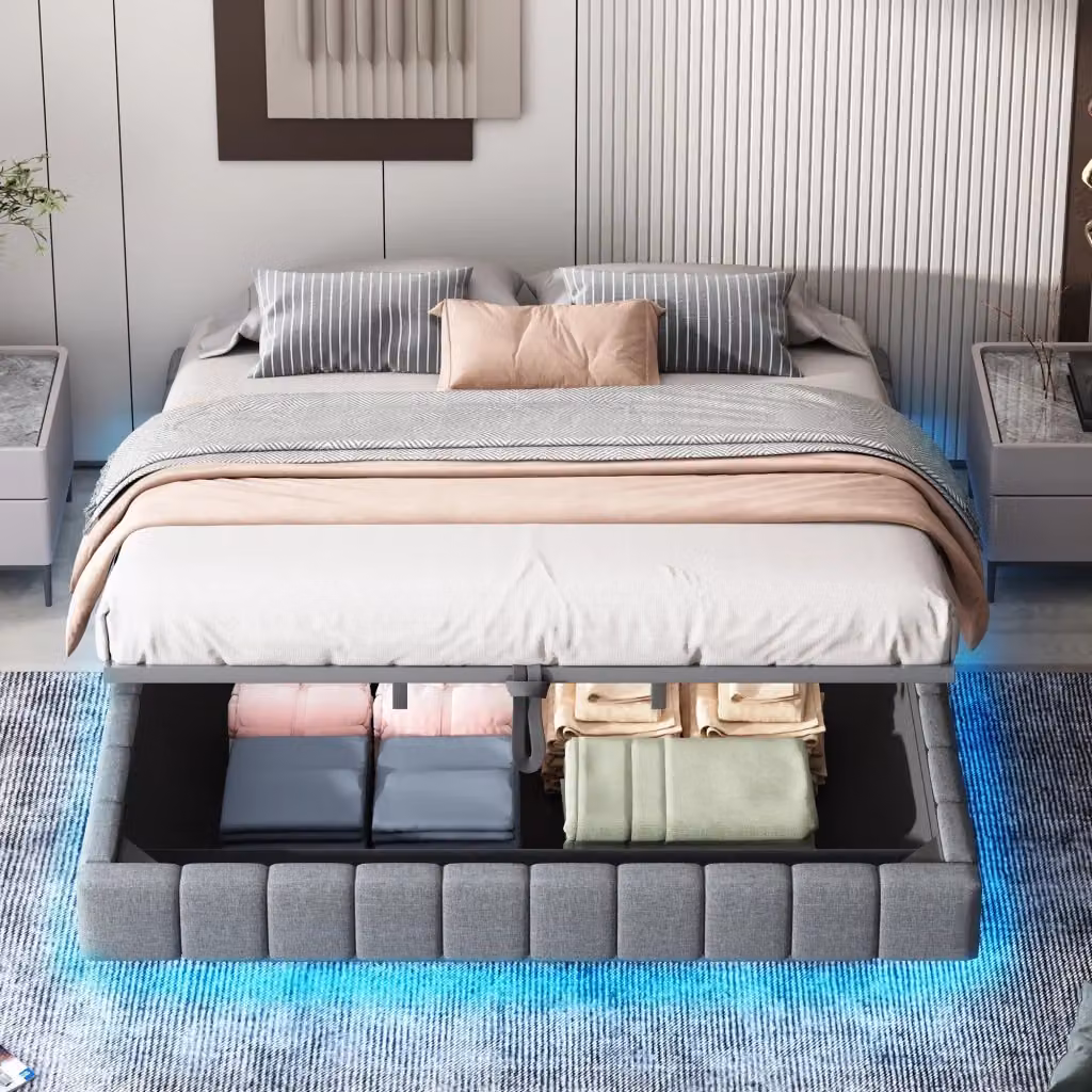 Letto Contenitore Sospeso REDOM in Tessuto Grigio con Illuminazione LED sotto il Letto L/P: 180 x 200 cm – 2