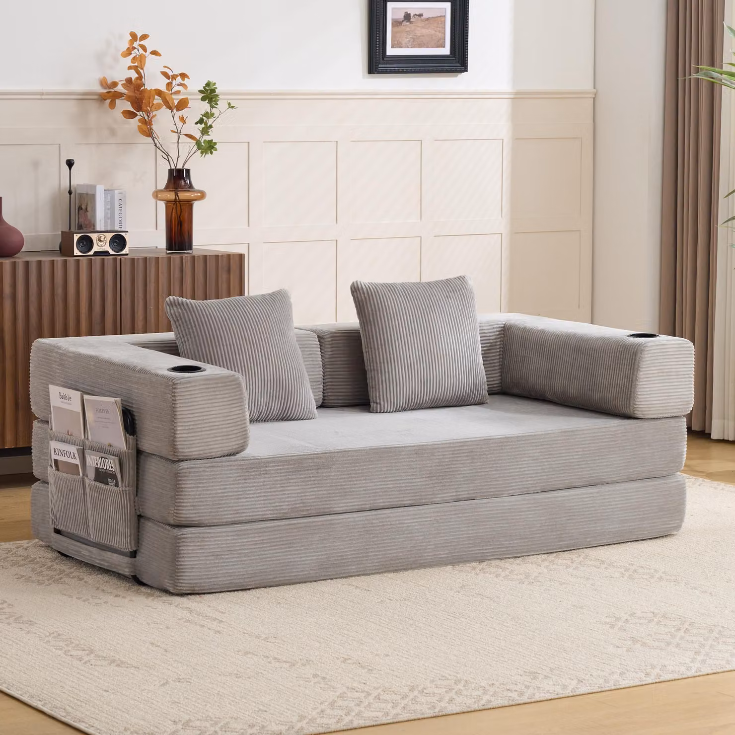 Divano a pavimento, divano componibile, trasformabile, con cuscini, braccioli, portabicchieri, tasche laterali, rivestito in tessuto corduroy, ideale per soggiorno/camera da letto. L3
