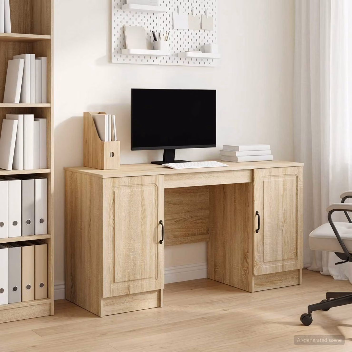 Scrivania moderna vidaXL in legno color rovere, L: 142,5 cm, P: 50 cm, H: 75 cm