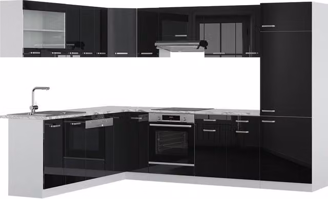 Cucina angolare moderna Vicco R-Line in legno e metallo, finitura nero e bianco lucido, L 287 cm x P 227 cm, senza piano di lavoro