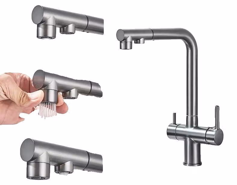 Filtro per l'acqua da installare sul rubinetto della cucina, con erogatore estraibile, miscelatore per acqua calda e fredda, colore grigio