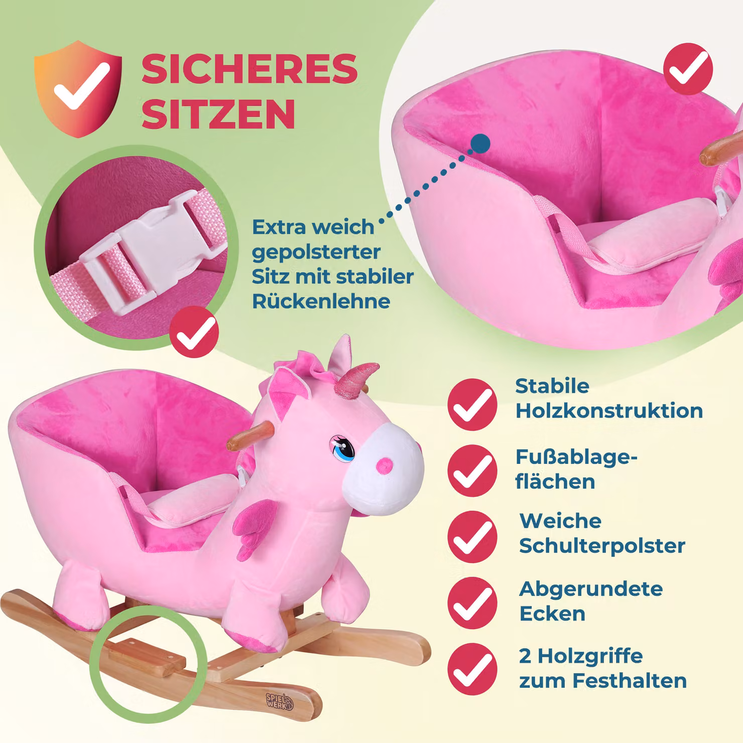 Dondolo Unicorno Deuba con cintura di sicurezza, rosa, in legno e tessuto con motore – 2