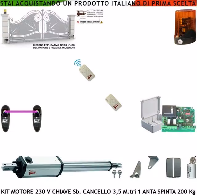 Kit Automatismo Per Cancello Elettrico 1 Anta da 3,5 Metri Motore Elettromeccanico 230 V Spinta 250 Kg Centrale 2 Radiocomandi 1 Coppia Fotocellule Faro Led Stelo Retrattile Sblocco a Chiave Cartello