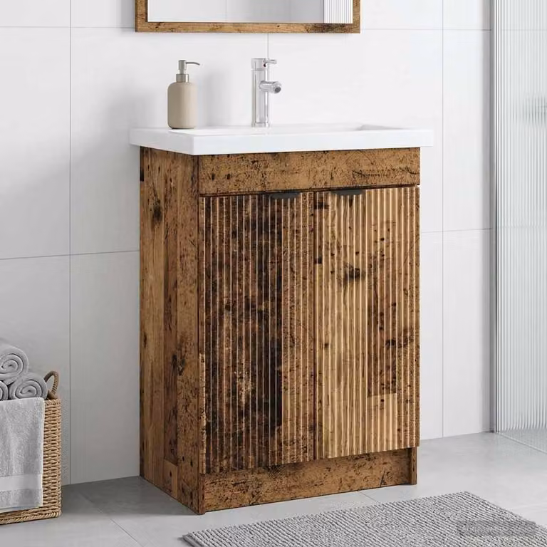 Mobiletto da bagno sotto il lavello vidaXL in legno antico marrone con ante a battente e ripiani interni, L: 81,0 cm, P: 37,5 cm, H: 56,0 cm