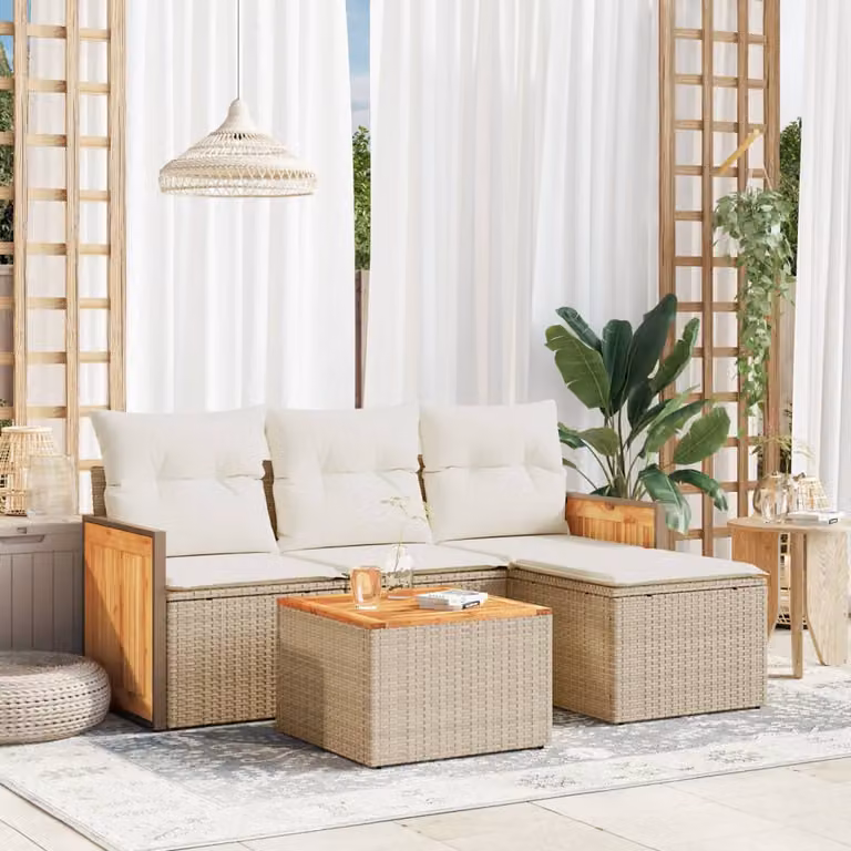 vidaXL Set Divano da Giardino 5 pz in Polyrattan con Cuscini Beige e Rivestimenti Rimovibili