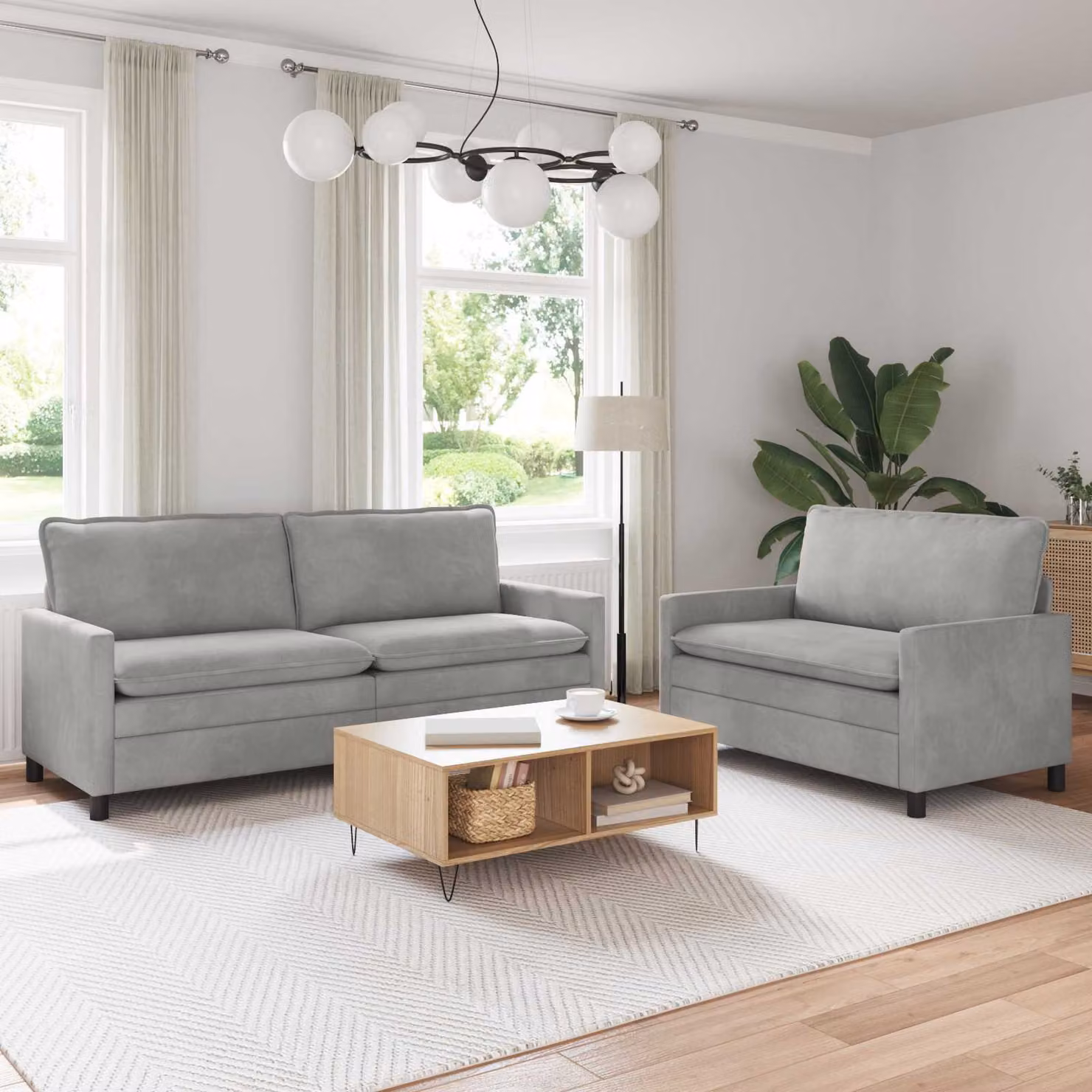 Set di 2 divani moderni vidaXL in velluto grigio con cuscini inclusi e coperture rimovibili