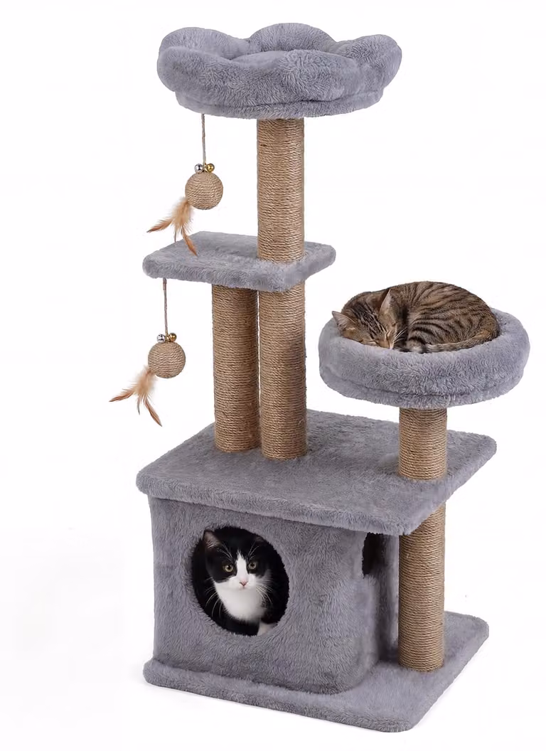 KOMFOTTEU, tiragraffi per gatti, 96 cm, con piattaforma a forma di fiore, cuccia, lettino, tiragraffi con 3 pali da graffio, 2 palline di peluche, torre per gatti multistrato, adatta a gatti di grandi e piccole dimensioni, colore grigio chiaro