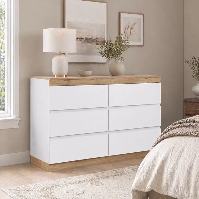 Cassettiera classica con 6 cassetti bianco e rovere