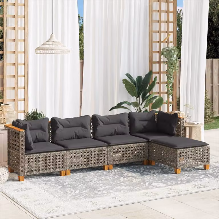 vidaXL Set Divano da Giardino a L 5 pz in Polyrattan Grigio con Cuscini e Rivestimenti Rimovibili