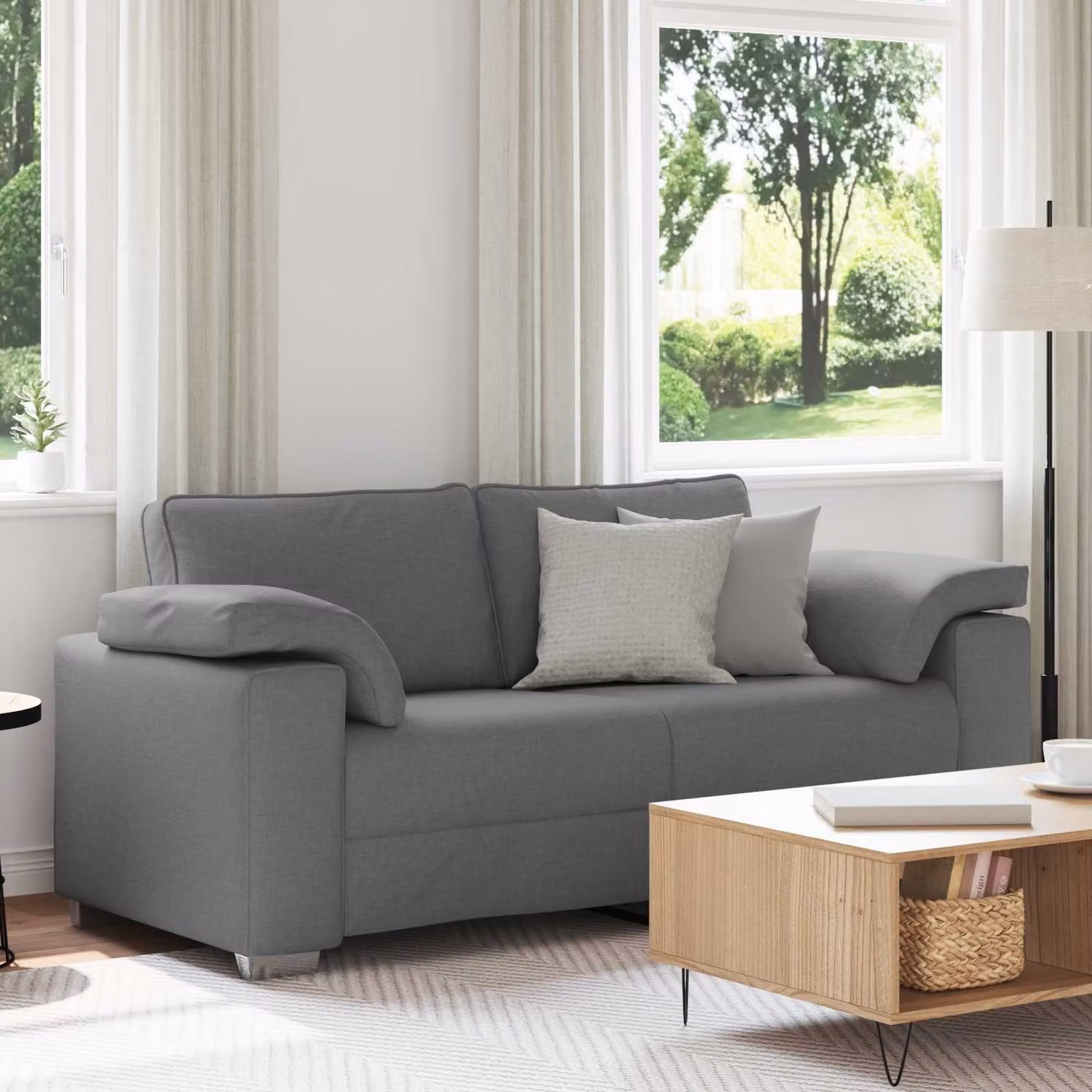 Divano a due posti moderno vidaXL in tessuto grigio con cuscini, L: 180 cm