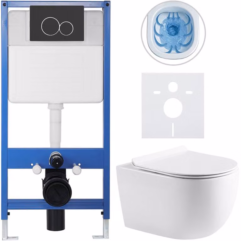 CERANO - Set completo per WC da incasso Lite/Felci - bianco lucido - pulsante WC Duo, nero opaco - installazione a parete - 52,5x36 cm