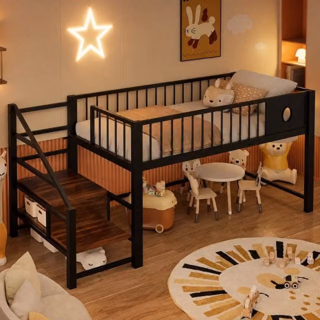 Letto a soppalco basso per bambini 90x200 cm in metallo; nero; con scala e spazio sotto