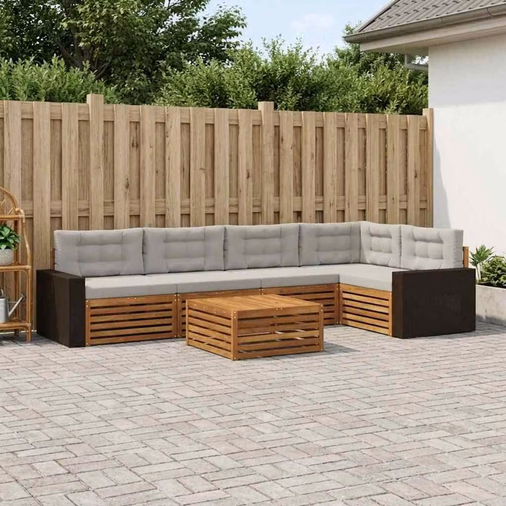 Set di divani da esterno vidaXL 6 pz in legno di acacia con cuscini e tavolino, forma a L, beige e grigio