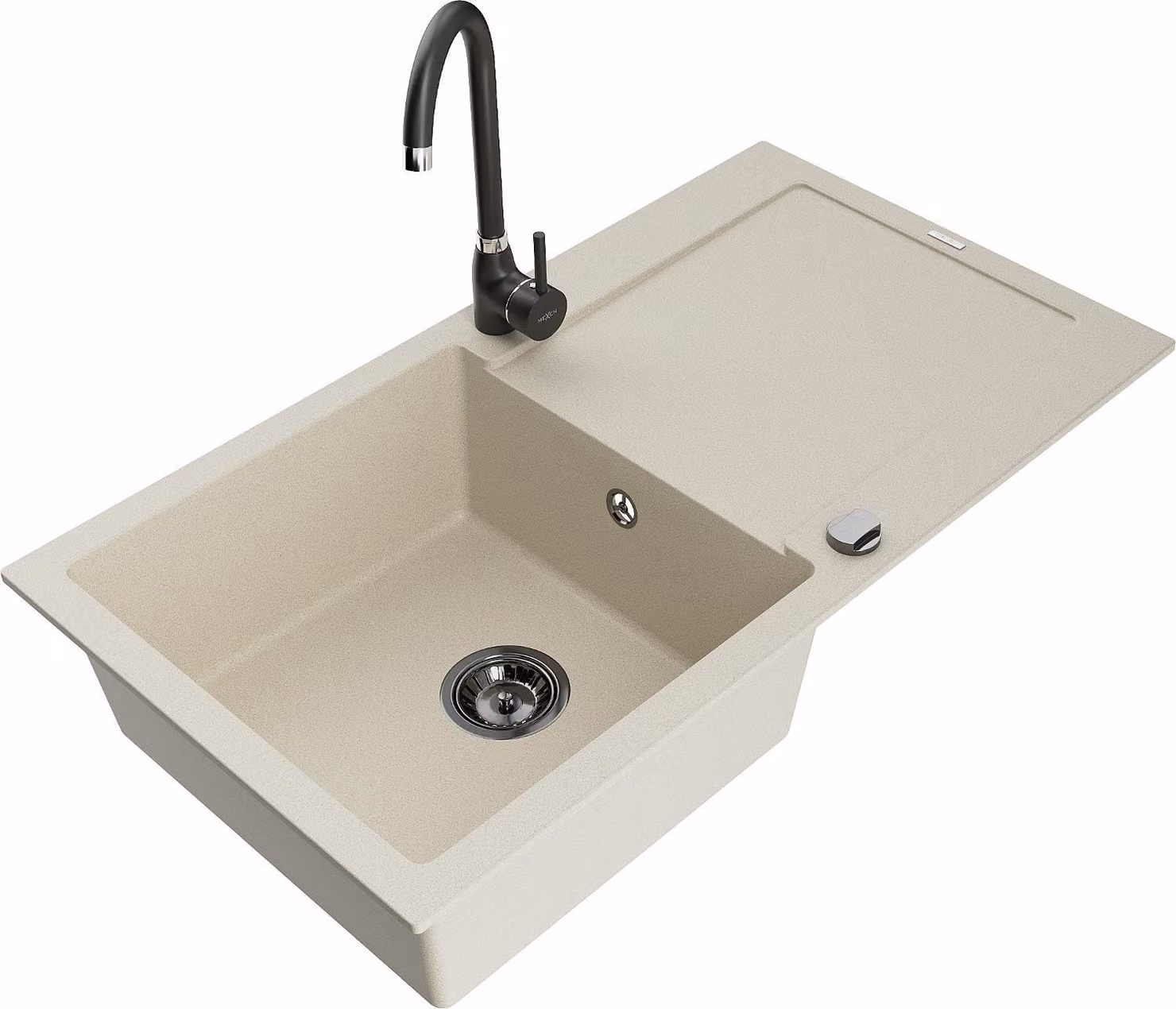 Mexen Leo lavello da cucina in granito con 1 vasca e gocciolatoio e rubinetto Telma, beige - 6501-69-670200-70
