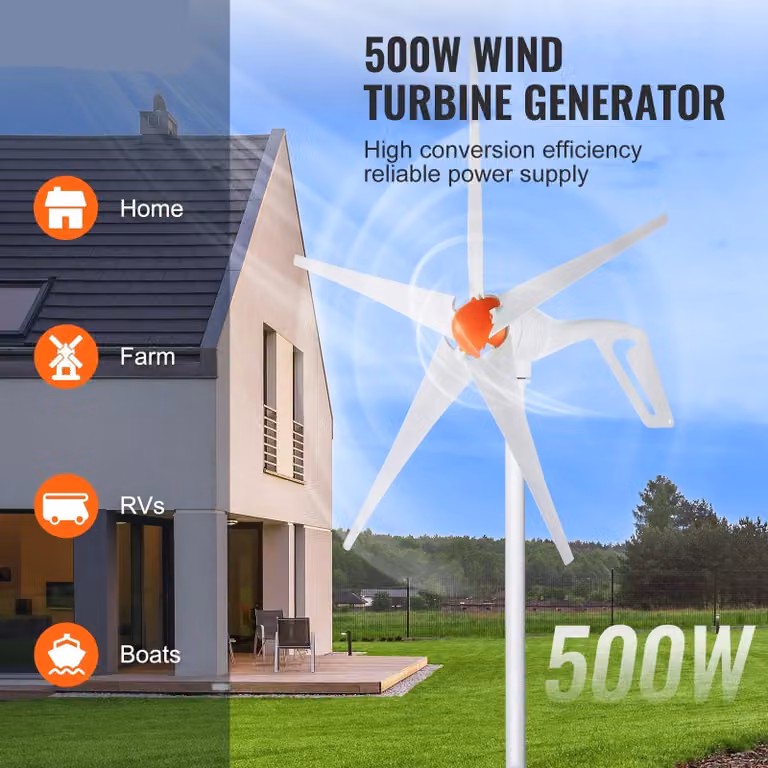 Turbina eolica - Generatore per turbina eolica - Energia eolica - Generatore per mulino a vento - Turbina eolica - 500W - 12V - 5 misurazioni