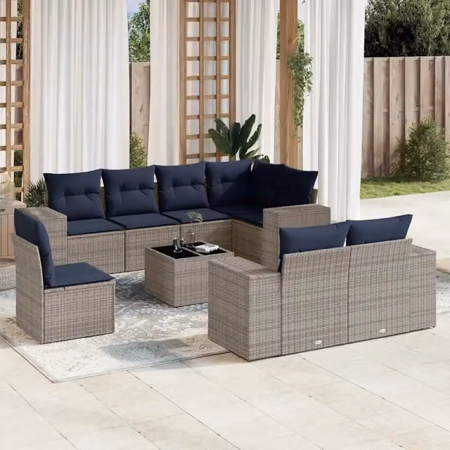 Set Divani da Giardino 9 pz con Cuscini Grigio in Polyrattan 3222850