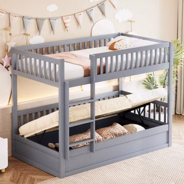 Letto a castello ULEVR 90x200 cm con contenitore idraulico inferiore, scala e sponde di sicurezza, grigio
