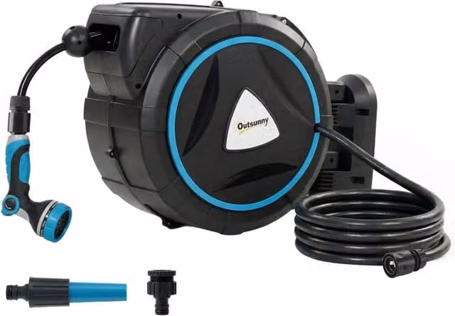 Avvolgitubo da Parete Automatico 23+2m con Lancia Irrigazione 12 Getti Avvolgitubo da Giardino Orientabile e Portatile 55x31x50cm Blu