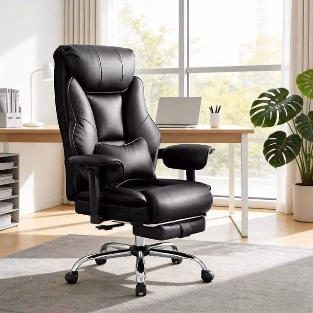 Sedia da Ufficio Ergonomica Moderna con Poggiapiedi, Braccioli e Seduta in Finta Pelle, Nero – 1