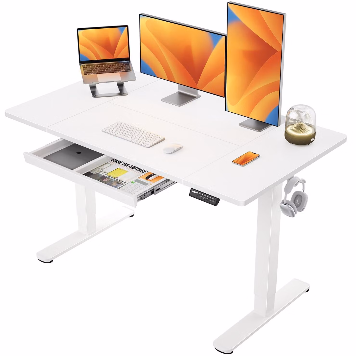 Scrivania regolabile in altezza con cassetto, dimensioni 140x80 cm, colore bianco