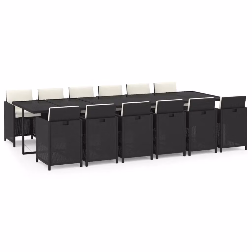 Set da pranzo da giardino vidaXL in polyrattan nero con tavolo in vetro e 13 pezzi con cuscini bianchi – 2