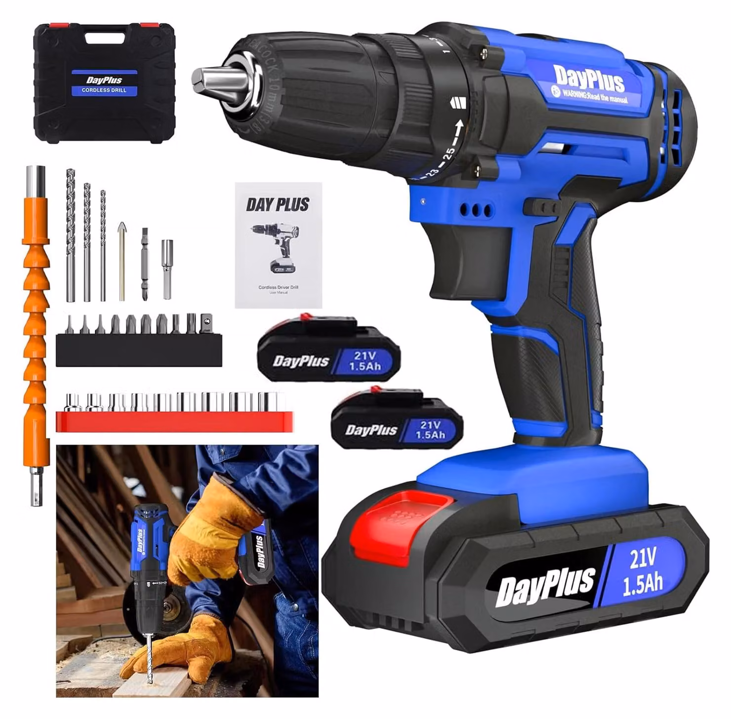 Trapano avvitatore a batteria – Trapano avvitatore senza fili – 21 V – 2 batterie – 2 velocità – 25+1 livelli di coppia – Set di punte e accessori da 29 pezzi – Luce LED