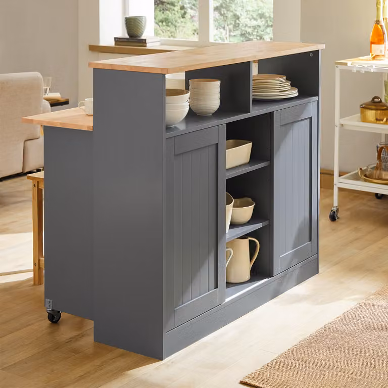 SoBuy FSB36-HG Credenza con ante scorrevoli, isola da cucina con piano di lavoro estensibile, mobile da cucina, credenza, cassettiera, mobile grigio chiaro