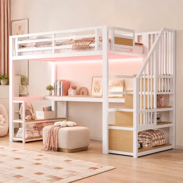 Letto a soppalco MIVRAY bianco con scala contenitore, scrivania e ripiani in metallo e MDF, L/P/H: 200 x 90 x 255 cm
