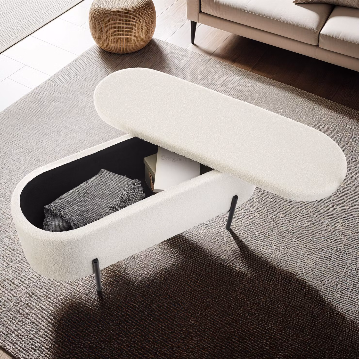 Panca Lanja tectake imbottita in tessuto bouclé bianco con spazio interno L: 150 cm, P: 43 cm, H: 36 cm – 2