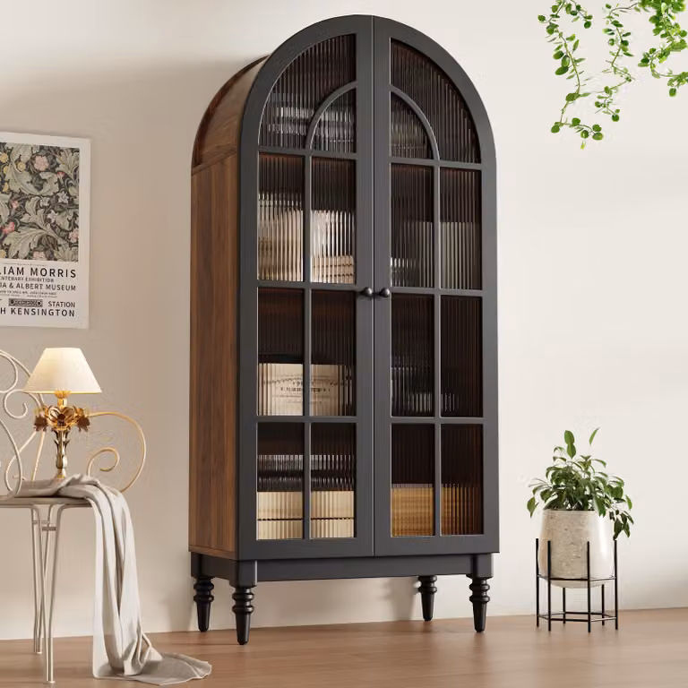 Mobiletto alto con ante in vetro, ideale per cucina e soggiorno, pensile da cucina con finitura effetto legno, mobile contenitore (buffet) 76x38,5x165 cm, colore nero