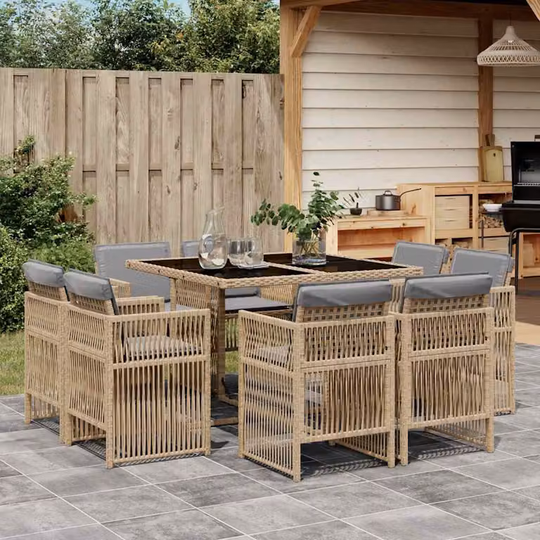Set Pranzo da Giardino vidaXL 9 pz in Polyrattan con Piano in Vetro e Cuscini Beige Misto