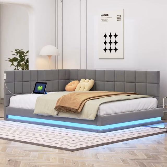Letto divano 140 × 200 cm con LED regolabile, presa USB e struttura imbottita, senza materasso, in lino grigio