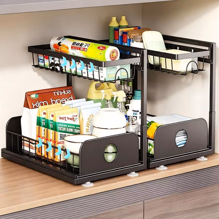 Organizzatore estraibile per mobiletti sotto lavello, 2 pezzi, 2 ripiani, metallo nero, 37x28x33 cm
