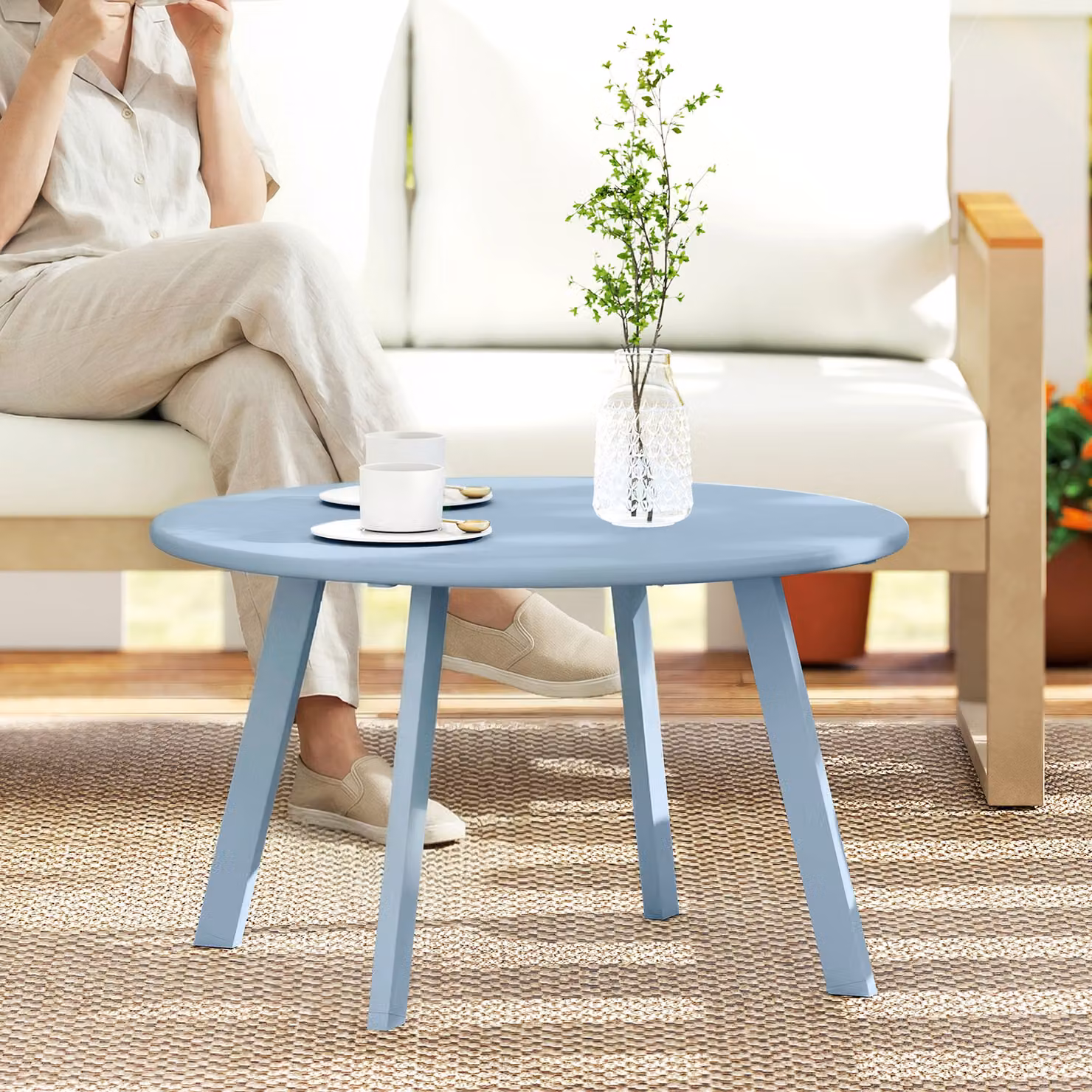 Outsunny Piccolo tavolino rotondo in metallo blu per giardino e soggiorno, Ø 70 x H 42 cm – 2