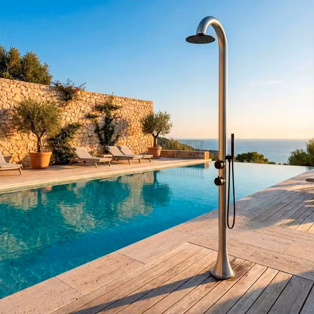 Doccia piscina SINED Luna In Acciaio Inox 316l Acciaio Spazzolato Con Doccino Flessibile Acqua calda e fredda Per Interni Ed Esterni Resistente Ingresso acqua dal basso o laterale