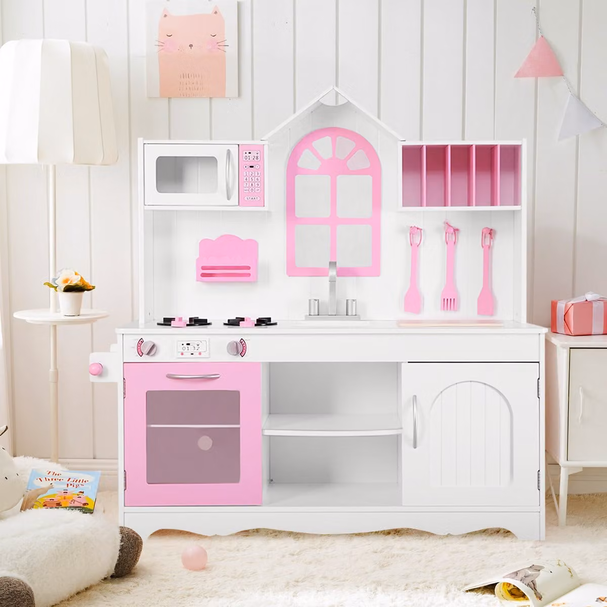 Set da cucina giocattolo in legno Costway bianco con accessori, L: 106,5 cm, P: 32 cm, H: 109 cm