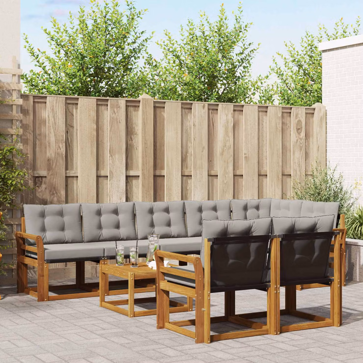 vidaXL Set di divani da esterno a L in legno di acacia e textilene, 9 pezzi, Grigio e Marrone con tavolo da caffè e cuscini inclusi