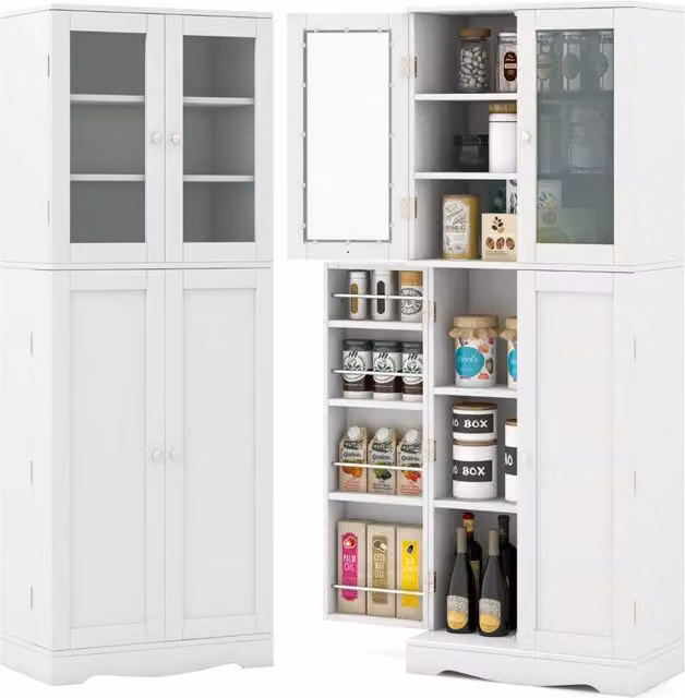 Mobile dispensa da cucina Design Mania con ante in vetro e ripiani interni, Bianco, H: 161,5 cm, L: 31,5 cm, P: 38,5 cm