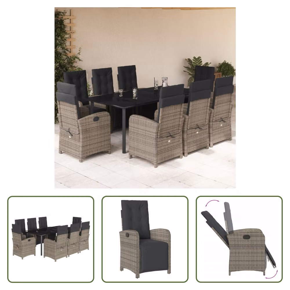 The Living Store Set da pranzo da giardino 9 pezzi con cuscini in poly rattan grigio