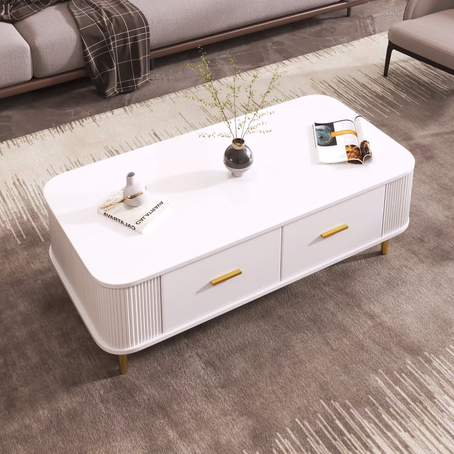 Tavolino Fortuna Lai con 4 cassetti, tavolo da soggiorno, 108L x 51L x 38H cm, bianco
