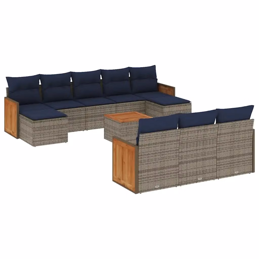 Set di Divani da Giardino vidaXL 11 Pezzi in Polyrattan con Cuscini Grigio e Blu a Forma di U con Tavolino e Pouf – 2