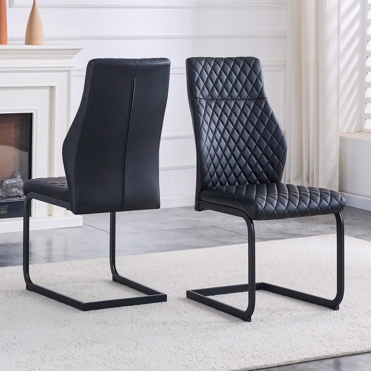 Set di 2 sedie da pranzo, motivo a rombi, schienale alto, seduta imbottita, struttura in metallo (colore nero)