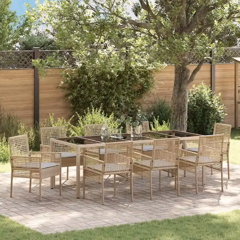 Set da pranzo per giardino e terrazzo vidaXL in polyrattan beige con tavolo in vetro, 9 pezzi